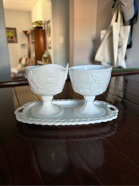 Vintage Indiana Colony Harvest Milk Glass Cream and Sugar with Tray